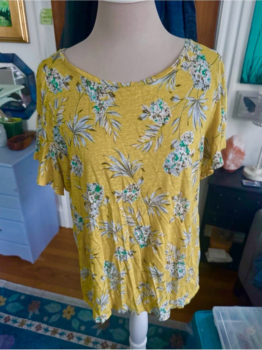 Ann Taylor Yellow Floral Short Flutter Sleeve Women’s Top Linen Shirt L VGUC